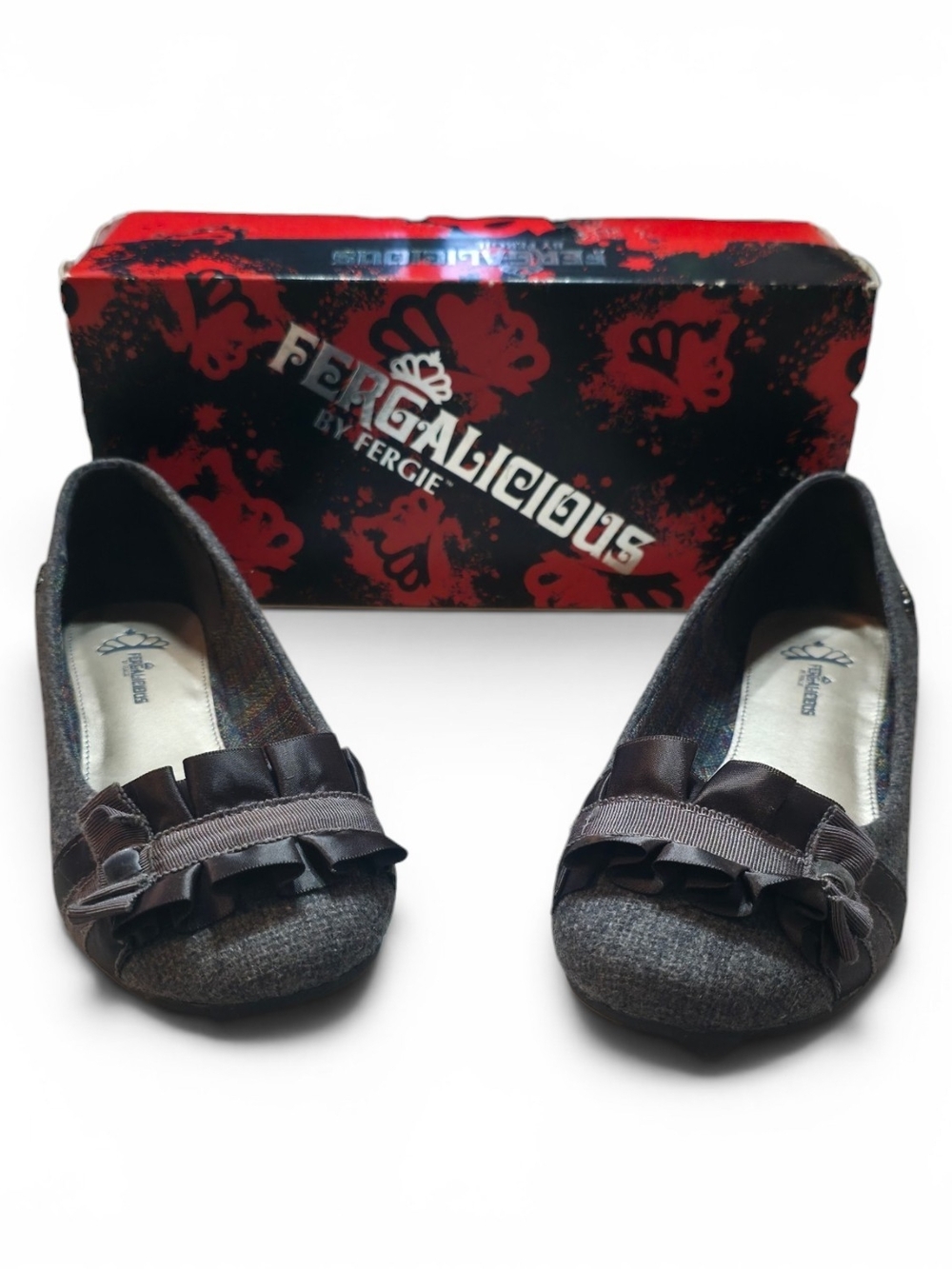 Fergalicious Girls' Gray Ruffle Bow Ballet Flats